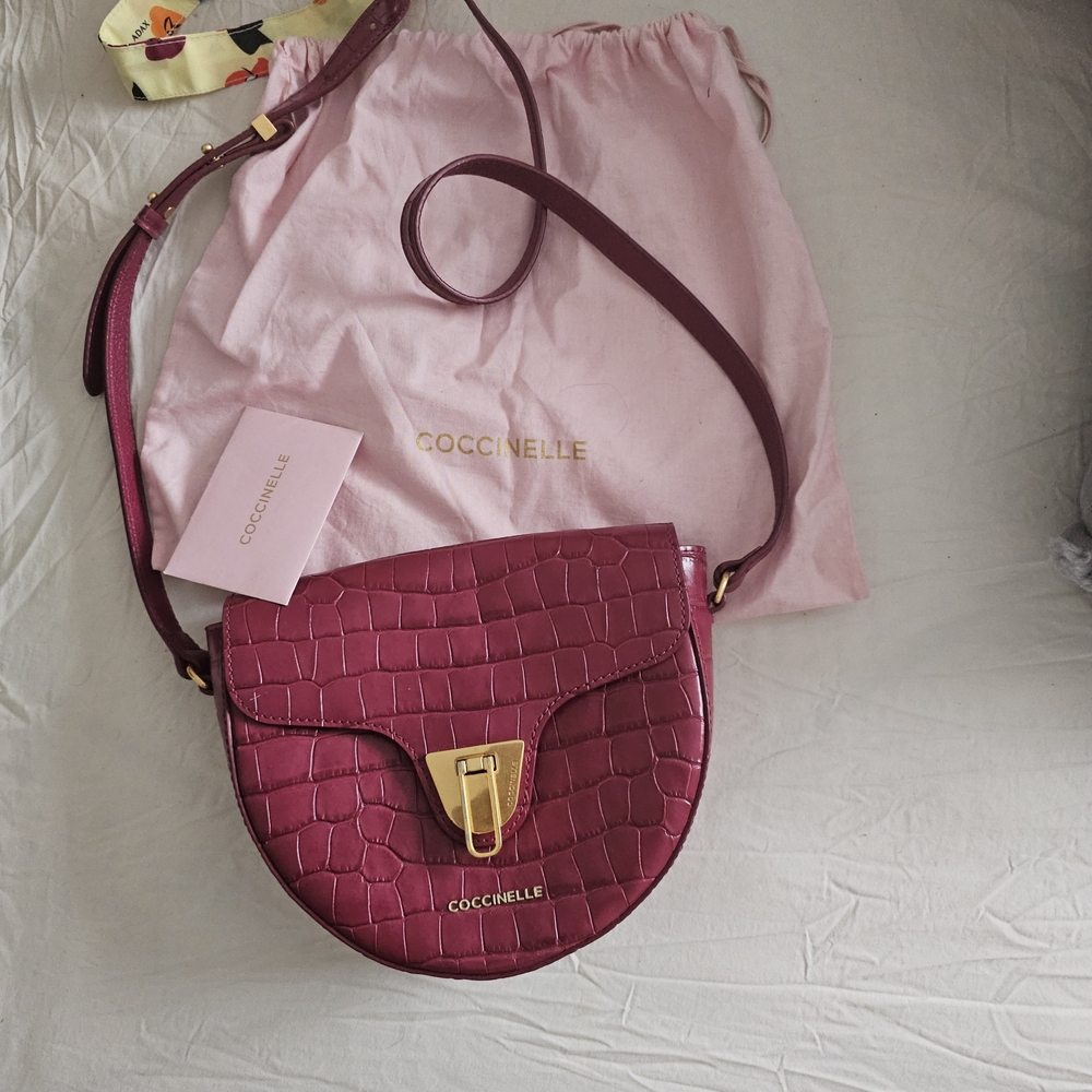 Coccinelle Pink Croc-Embossed Leather Saddle Bag